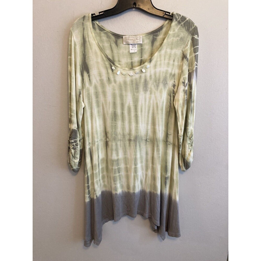 Nature Art Lynn Yang Women’s Tunic Top Green White Tie Dye Boho V-Neck Medium